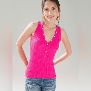 Hot Pink White House Black Market V-Neck Snap-Front Rib Knit Sweater Tank Sz…